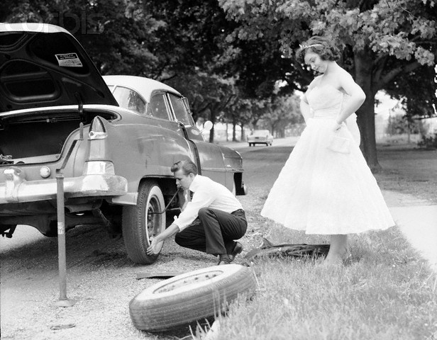 Flat tire in formal attire